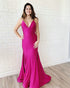 Sexy 2019 Fuchsia Mermaid Prom Dresses with V-Neck Long Prom Party Gowns